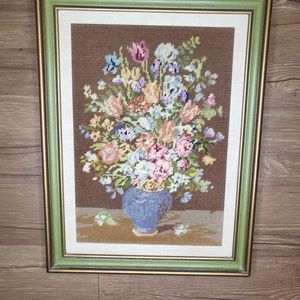 Antique Needlepoint Tapestry Flower Vase Framed